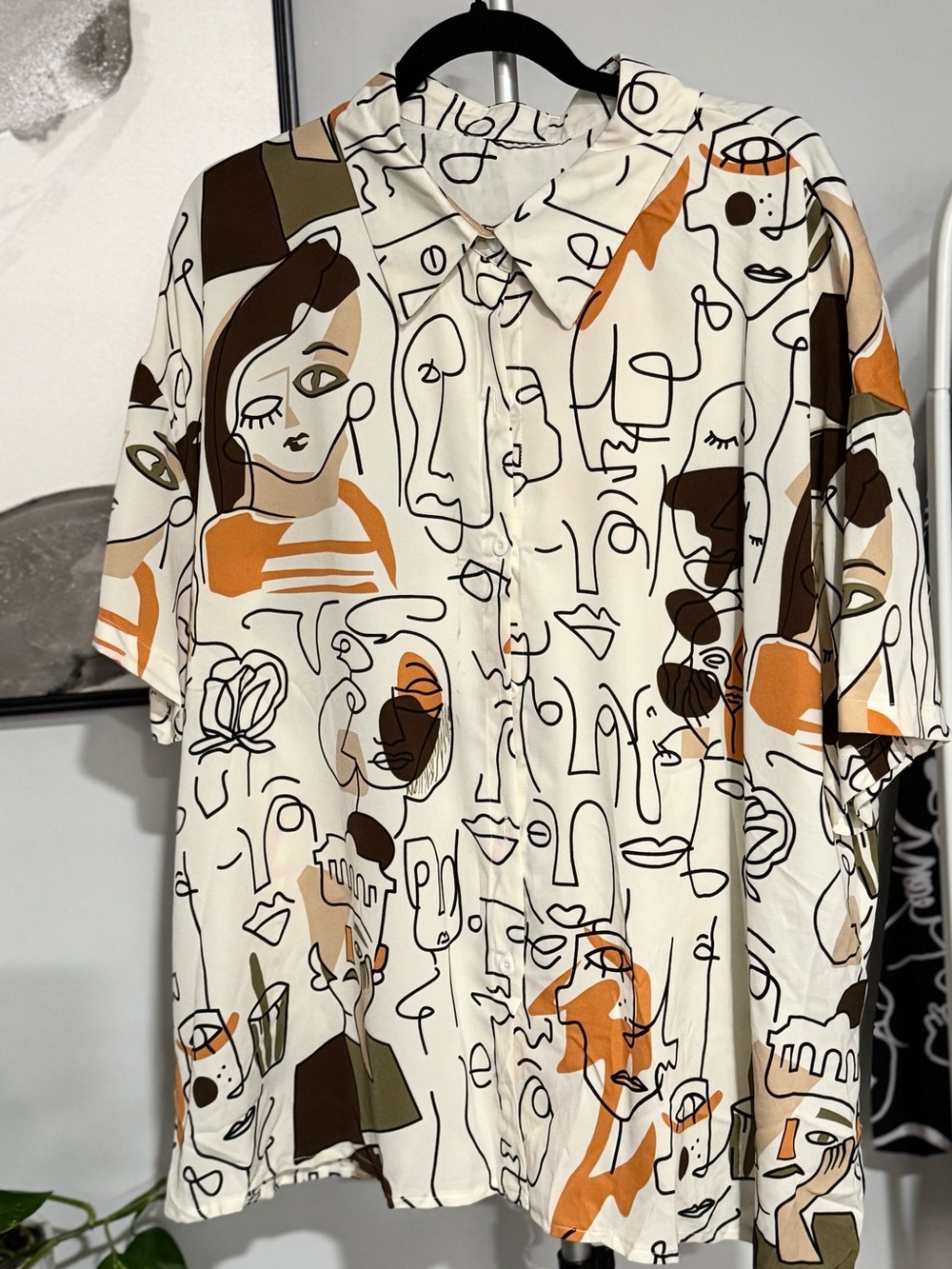 Abstract Face Print Short Sleeve Shirt - Cream/Orange/Brown